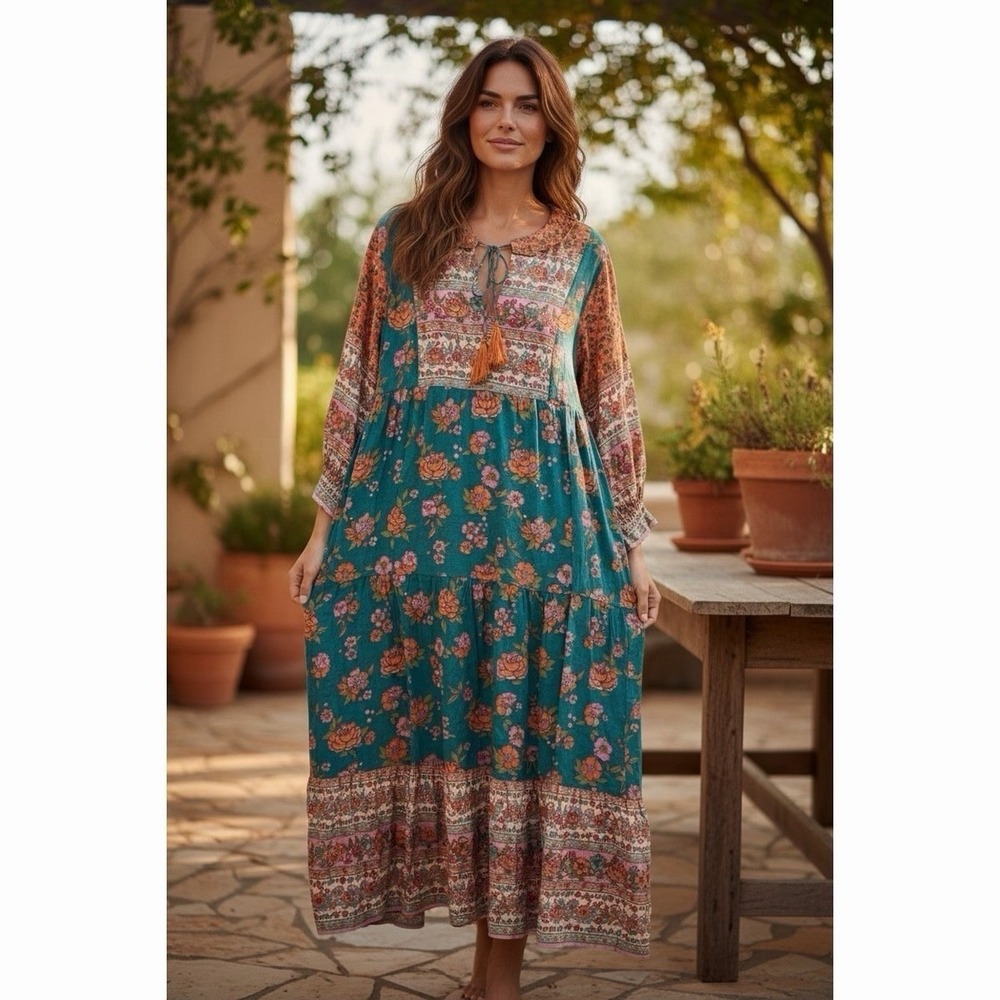 NWT Natural Life Floral Boho Maxi Dress Teal Orange Mixed Print Tassel Tie Large